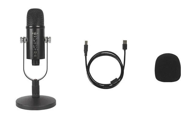 Black USB condenser microphone on metal stand with foam windscreen for desktop recording