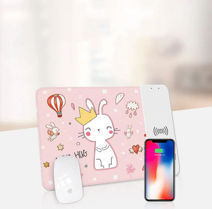 Wireless charging mouse pad with colourful cartoon mouse dot designs and RGB lighting