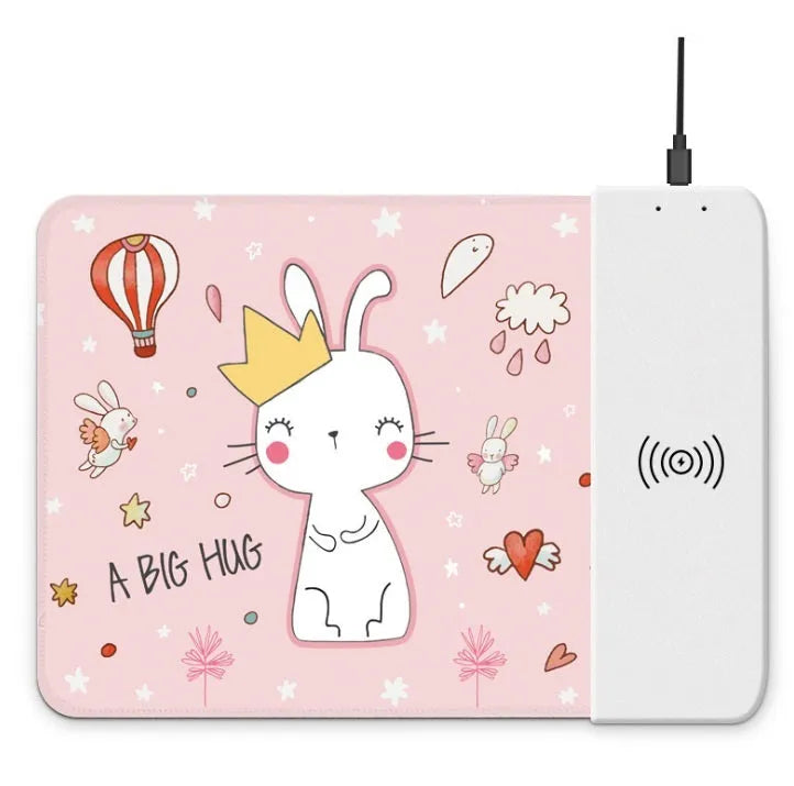 Wireless charging mouse pad with colourful cartoon mouse dot designs and RGB lighting