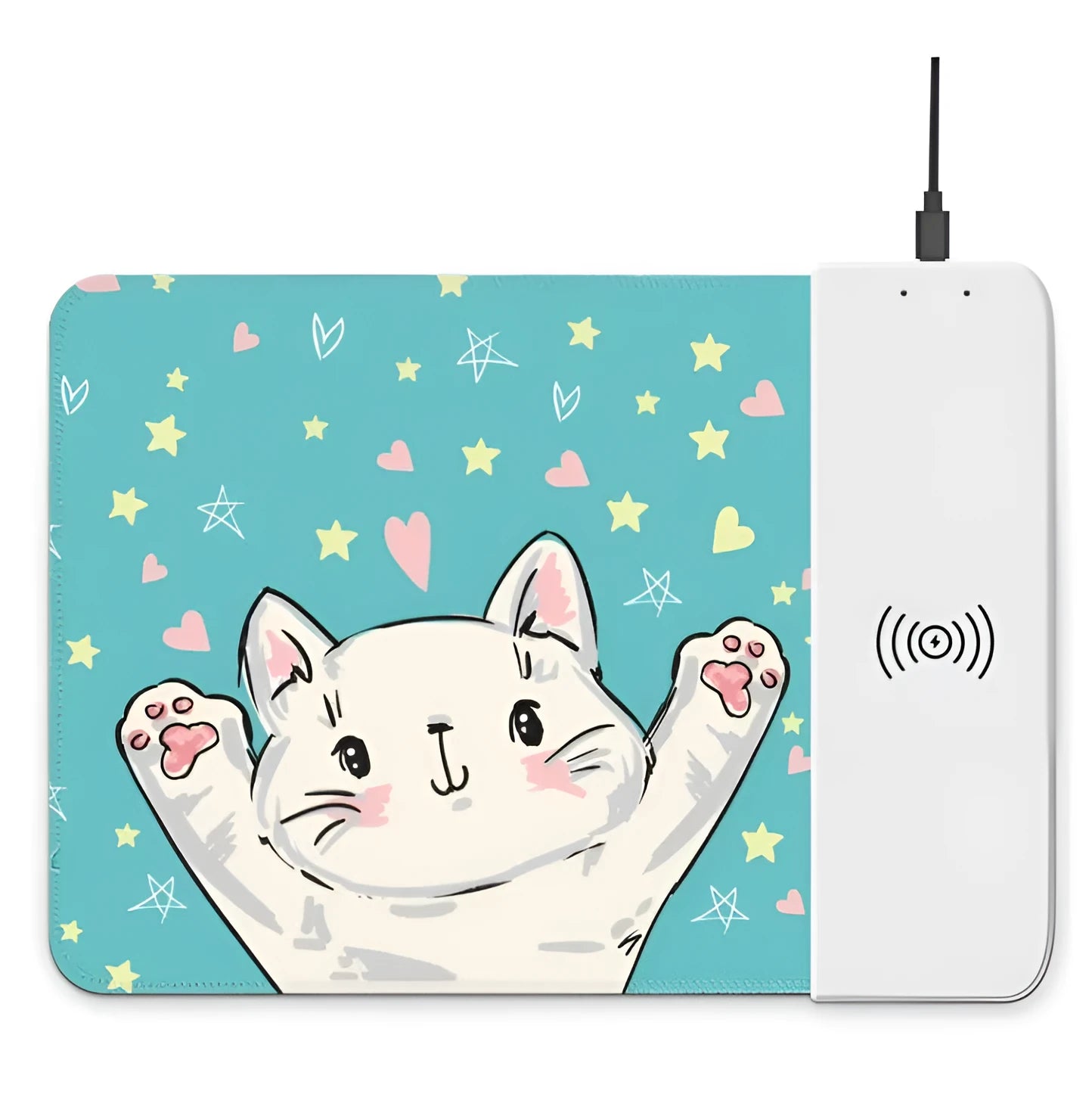 Wireless charging mouse pad with colourful cartoon mouse dot designs and RGB lighting