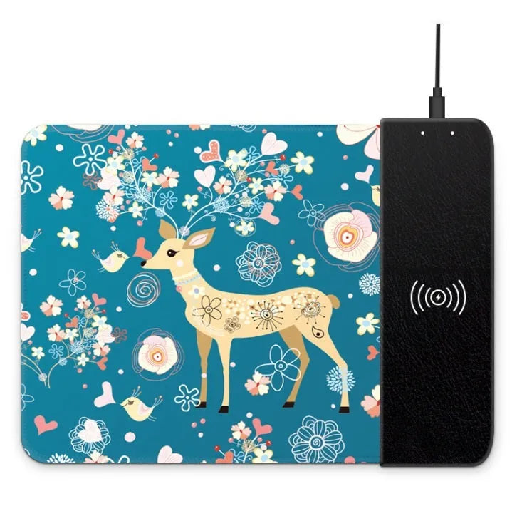 Wireless charging mouse pad with colourful cartoon mouse dot designs and RGB lighting