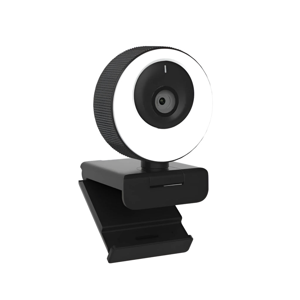 Black USB webcam with magnetic privacy cover showing 1080p resolution and 60FPS specifications