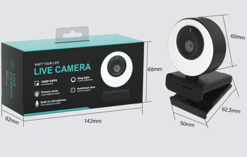 Black USB webcam with magnetic privacy cover showing 1080p resolution and 60FPS specifications