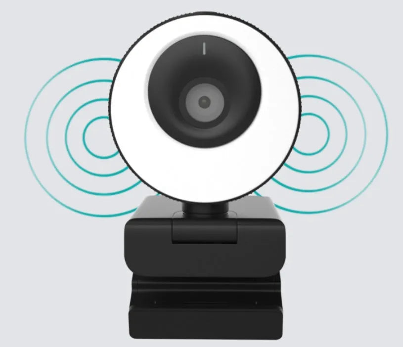 Black USB webcam with magnetic privacy cover showing 1080p resolution and 60FPS specifications