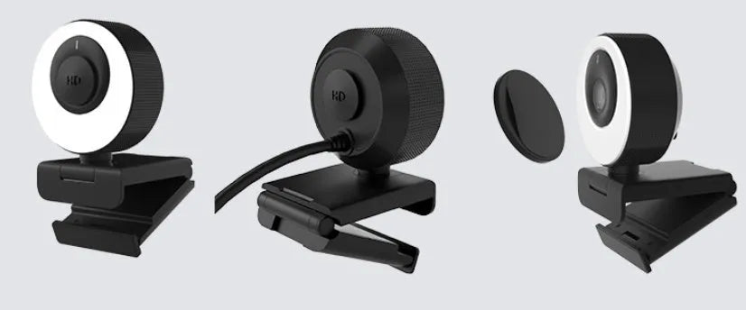 Black USB webcam with magnetic privacy cover showing 1080p resolution and 60FPS specifications