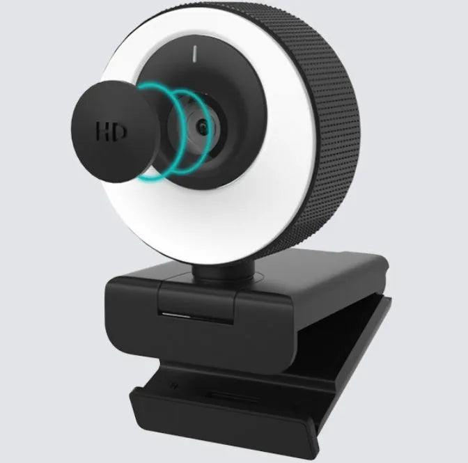 Black USB webcam with magnetic privacy cover showing 1080p resolution and 60FPS specifications