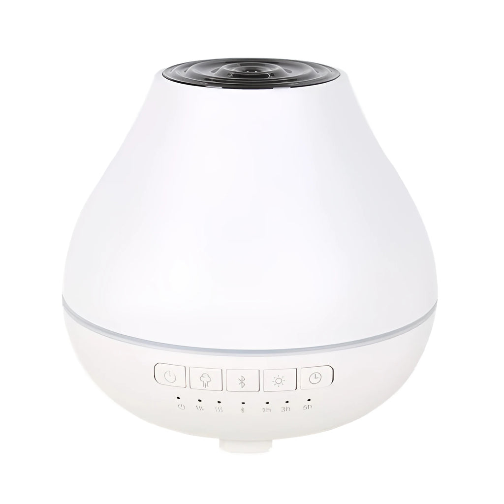 White round Bluetooth humidifier aroma diffuser with LED night light on wooden surface