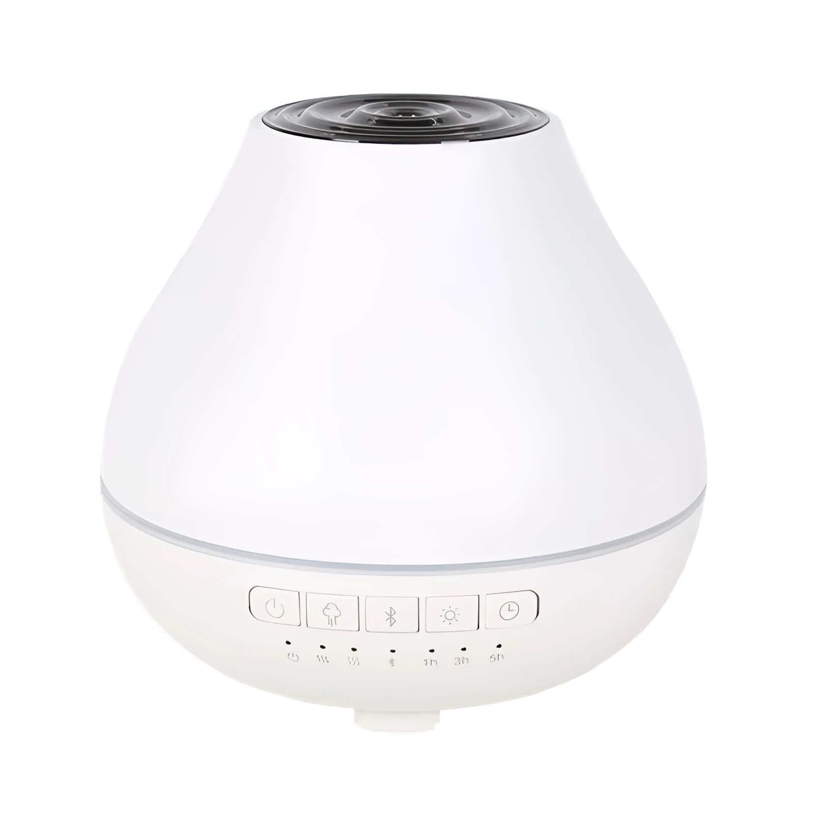 White round Bluetooth humidifier aroma diffuser with LED night light on wooden surface