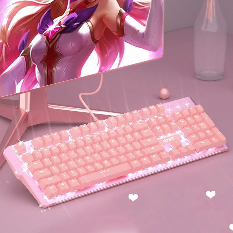 Pink wired mechanical keyboard and matching mouse set on a desk for E-sports gaming.