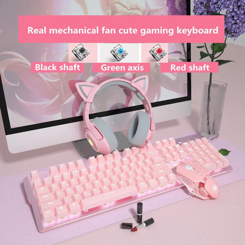 Pink wired mechanical keyboard and matching mouse set on a desk for E-sports gaming.
