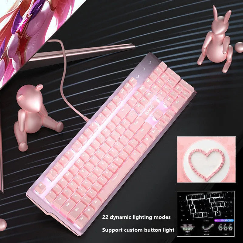 Pink wired mechanical keyboard and matching mouse set on a desk for E-sports gaming.