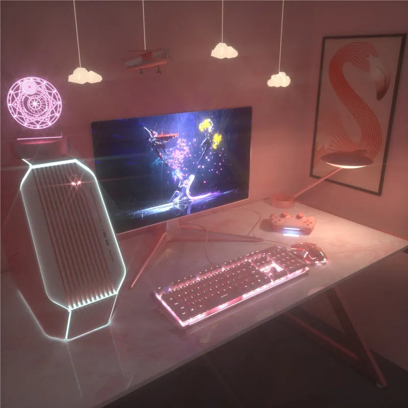 Pink wired mechanical keyboard and matching mouse set on a desk for E-sports gaming.