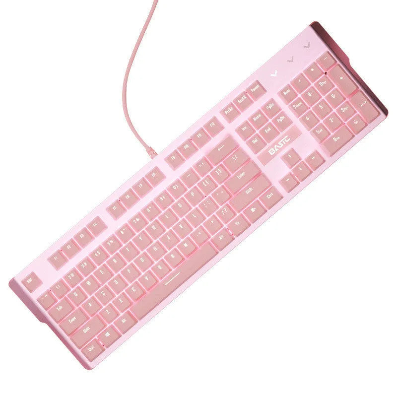 Pink wired mechanical keyboard and matching mouse set on a desk for E-sports gaming.