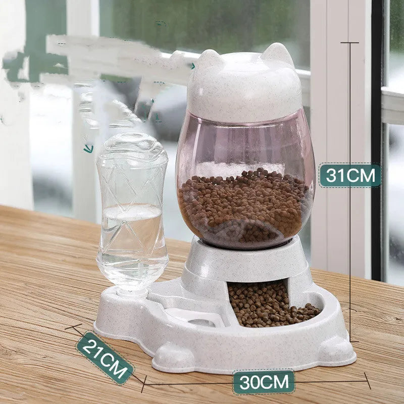 Automatic cat and dog food feeder with blue water dispenser and food tank on a wooden floor