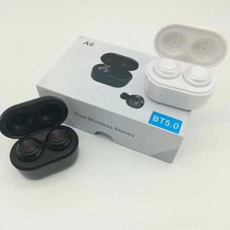 A6 black and white TWS Bluetooth headphones with noise cancellation and earplug design