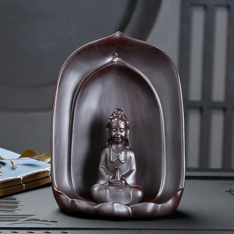 Ceramics sitting lotus Guanyin back flow incense burner for home Buddha altar display