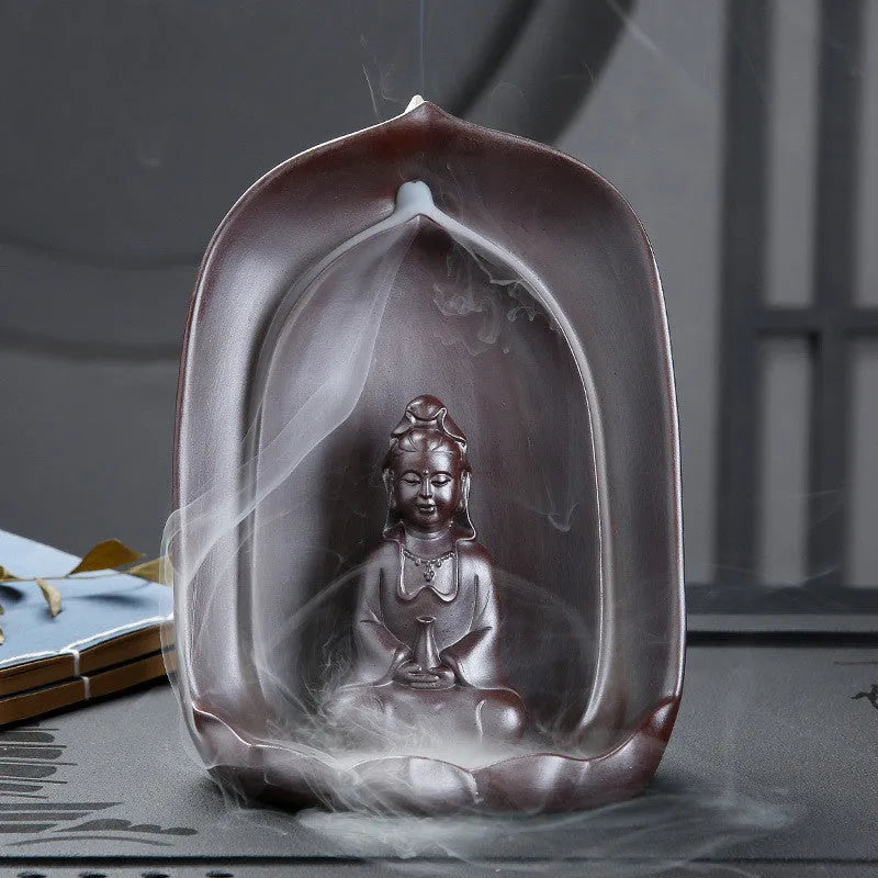 Ceramics sitting lotus Guanyin back flow incense burner for home Buddha altar display