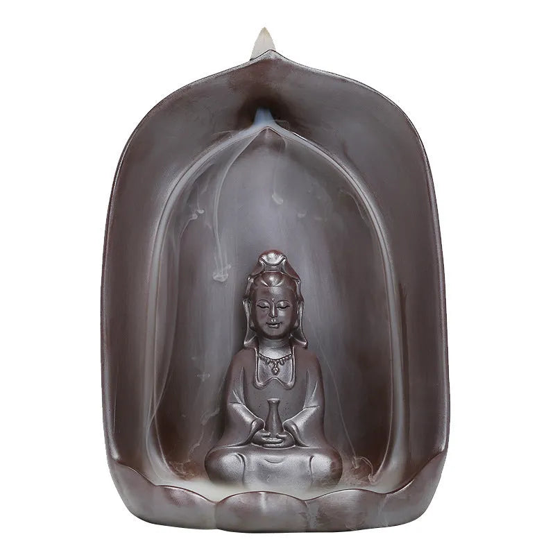 Ceramics sitting lotus Guanyin back flow incense burner for home Buddha altar display
