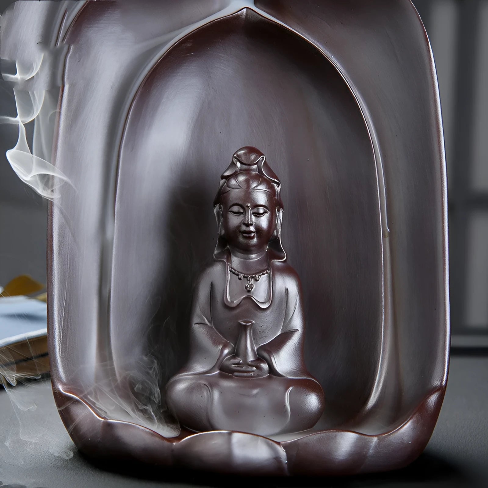 Ceramics sitting lotus Guanyin back flow incense burner for home Buddha altar display