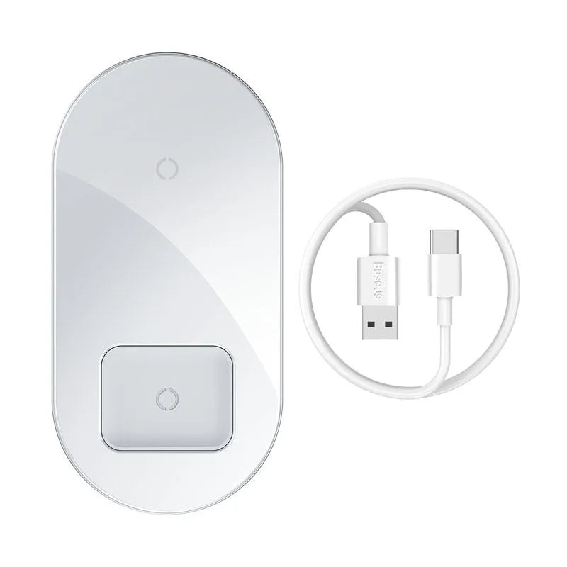 Baseus Minimalist 2-in-1 Wireless Charger Pro Version showing smartphone and earbud charging areas