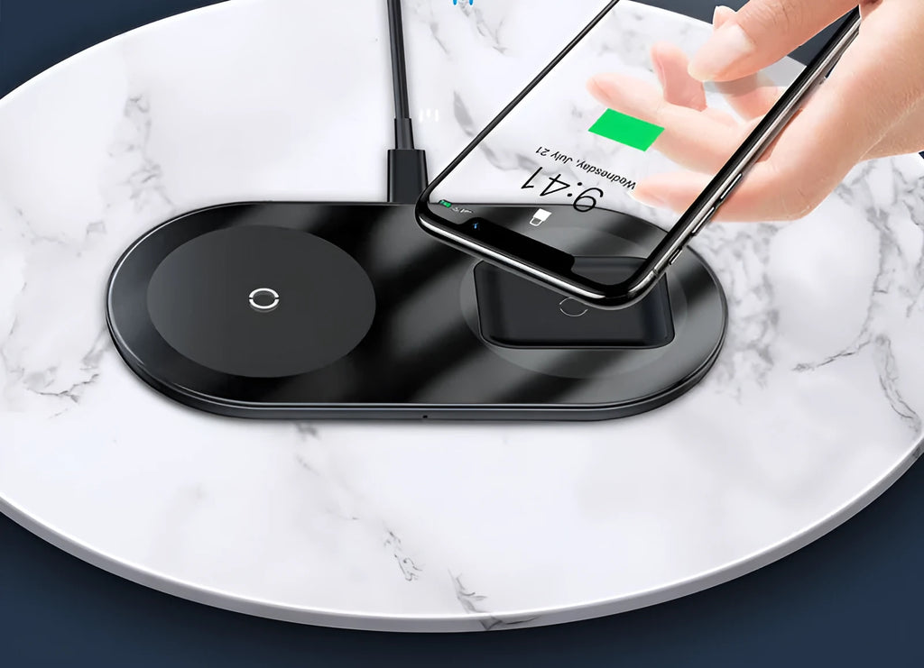 Baseus Minimalist 2-in-1 Wireless Charger Pro Version showing smartphone and earbud charging areas