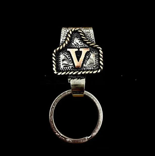 Handmade metal cow tag belt key holder with personalised alphabet letter