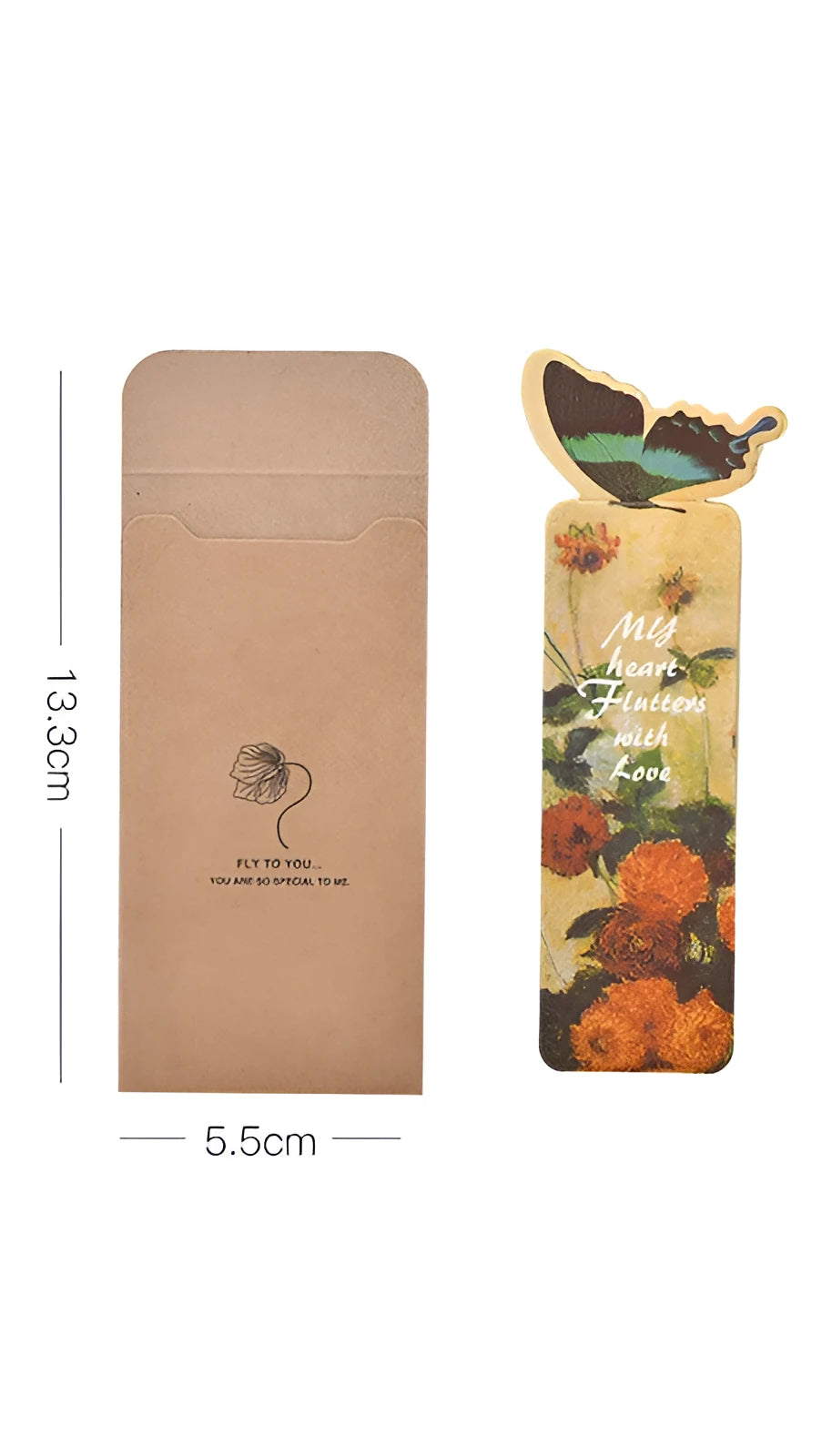 Butterfly-shaped paper bookmark measuring 13.5 by 5.5 centimetres