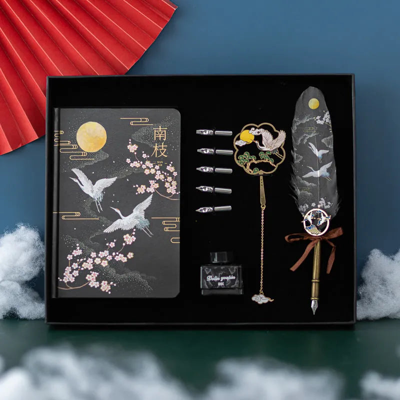 Chinese style metal feather pen set with Jianhegui notebook, four colour theme feathers, and pen sheath