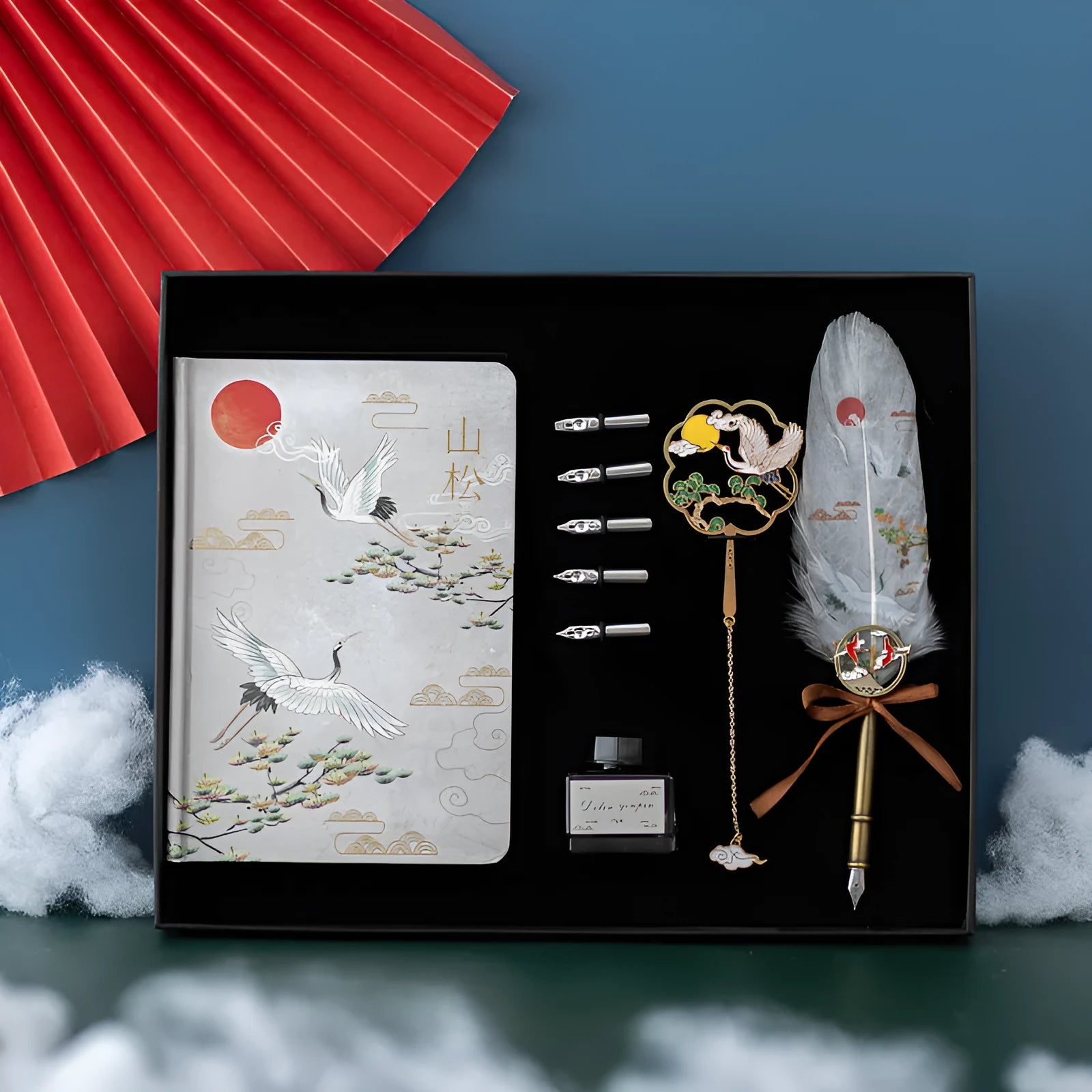 Chinese style metal feather pen set with Jianhegui notebook, four colour theme feathers, and pen sheath