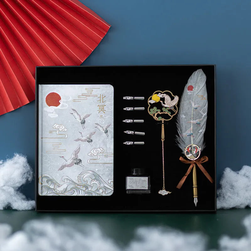Chinese style metal feather pen set with Jianhegui notebook, four colour theme feathers, and pen sheath