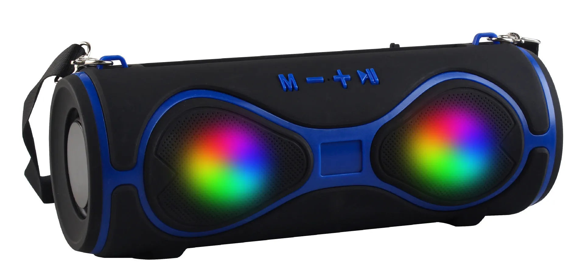 Portable Bluetooth speaker with strap and phone stand in five colour options.
