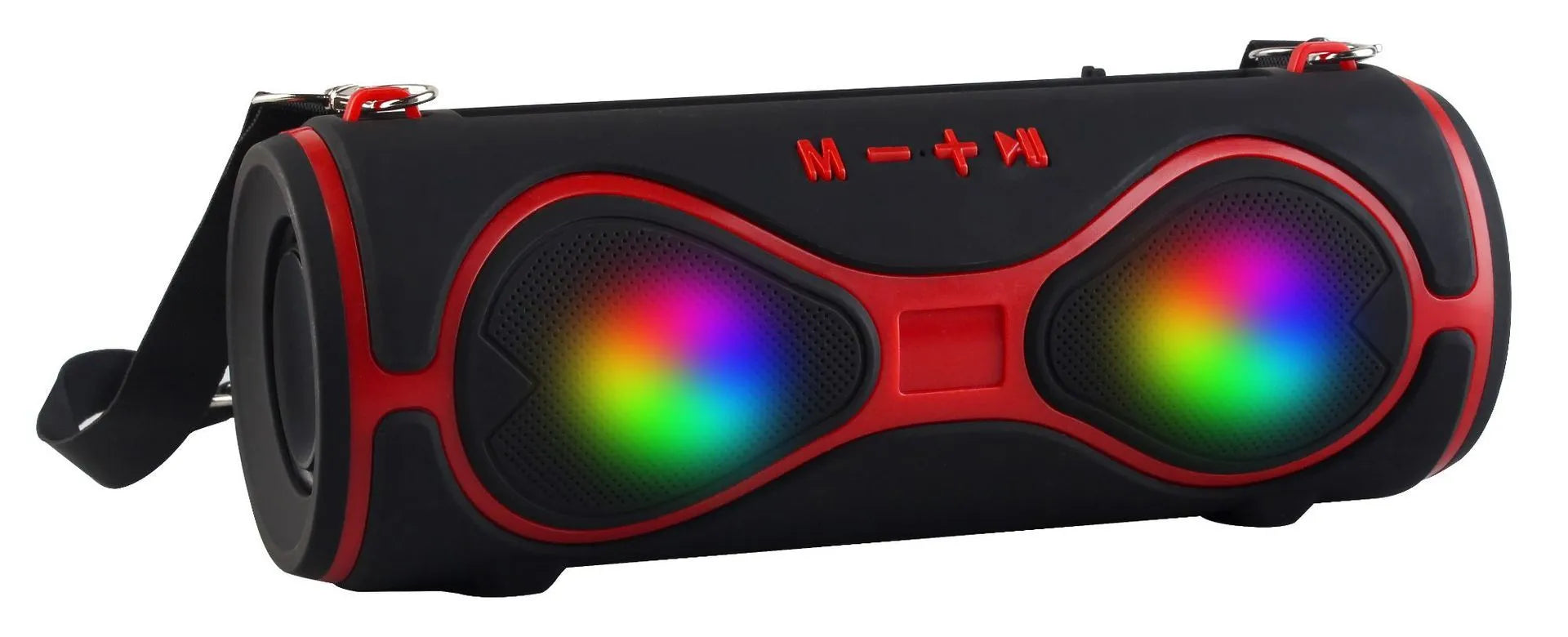 Portable Bluetooth speaker with strap and phone stand in five colour options.