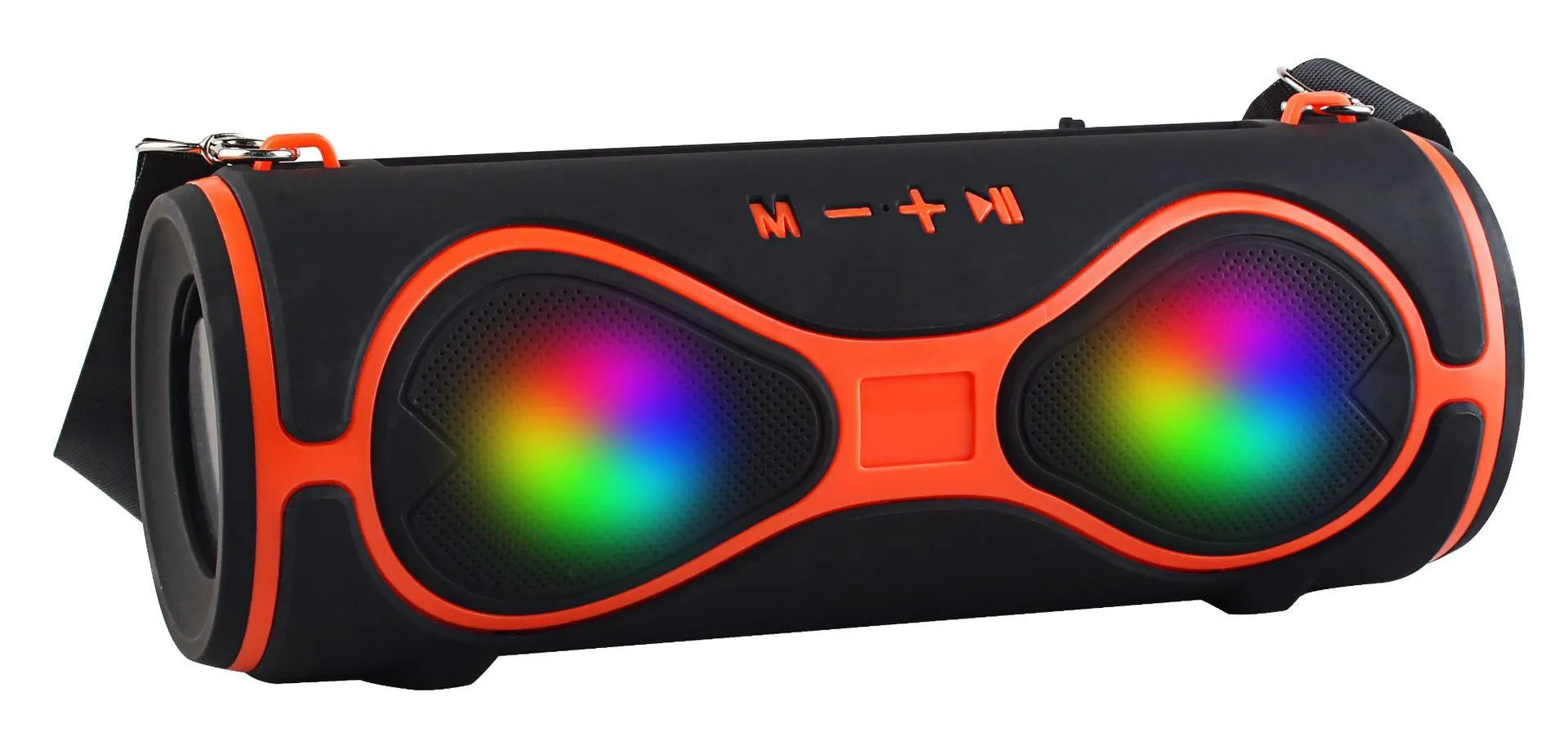 Portable Bluetooth speaker with strap and phone stand in five colour options.
