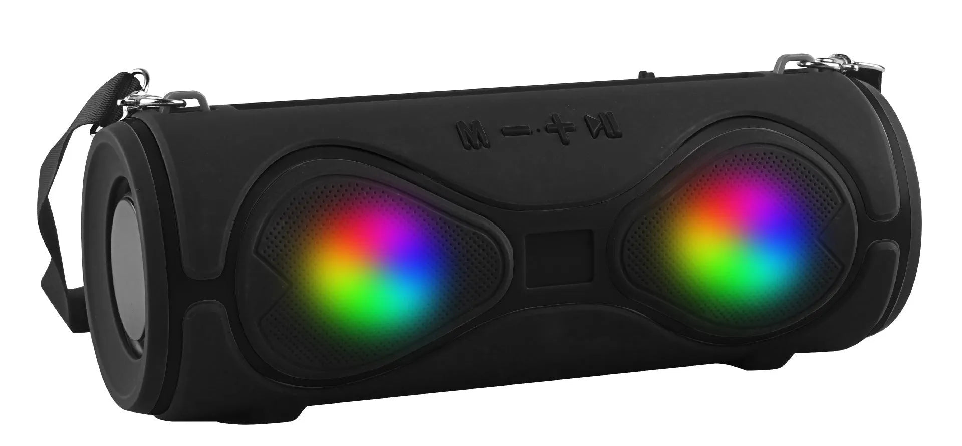 Portable Bluetooth speaker with strap and phone stand in five colour options.