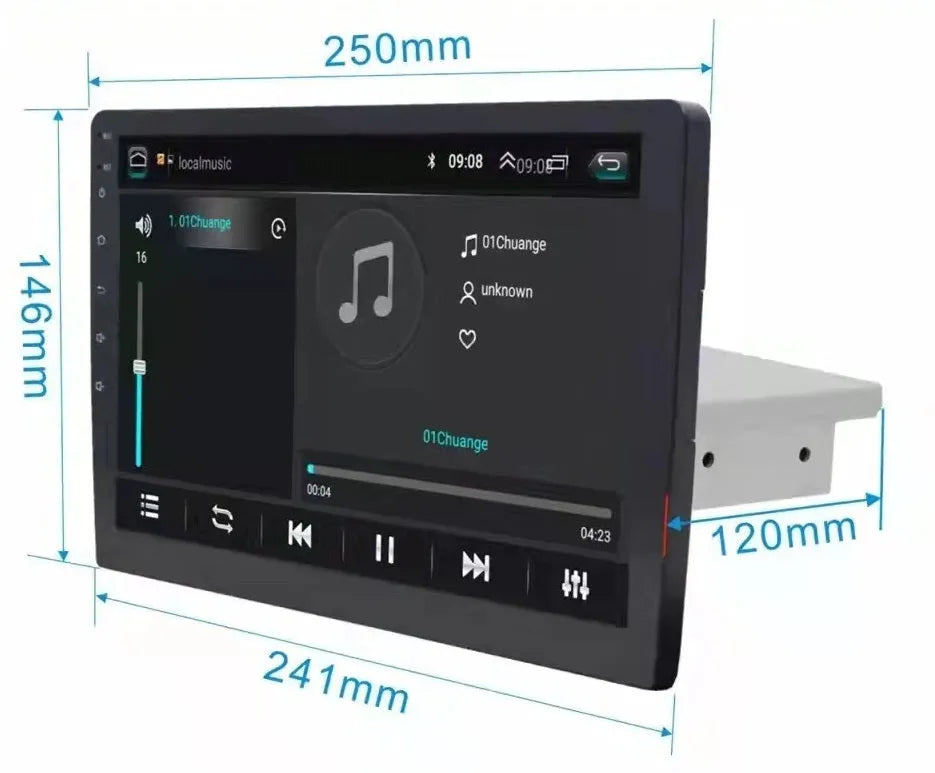 Black Android car navigator with rotating screen for GM vehicles showing 10-inch display