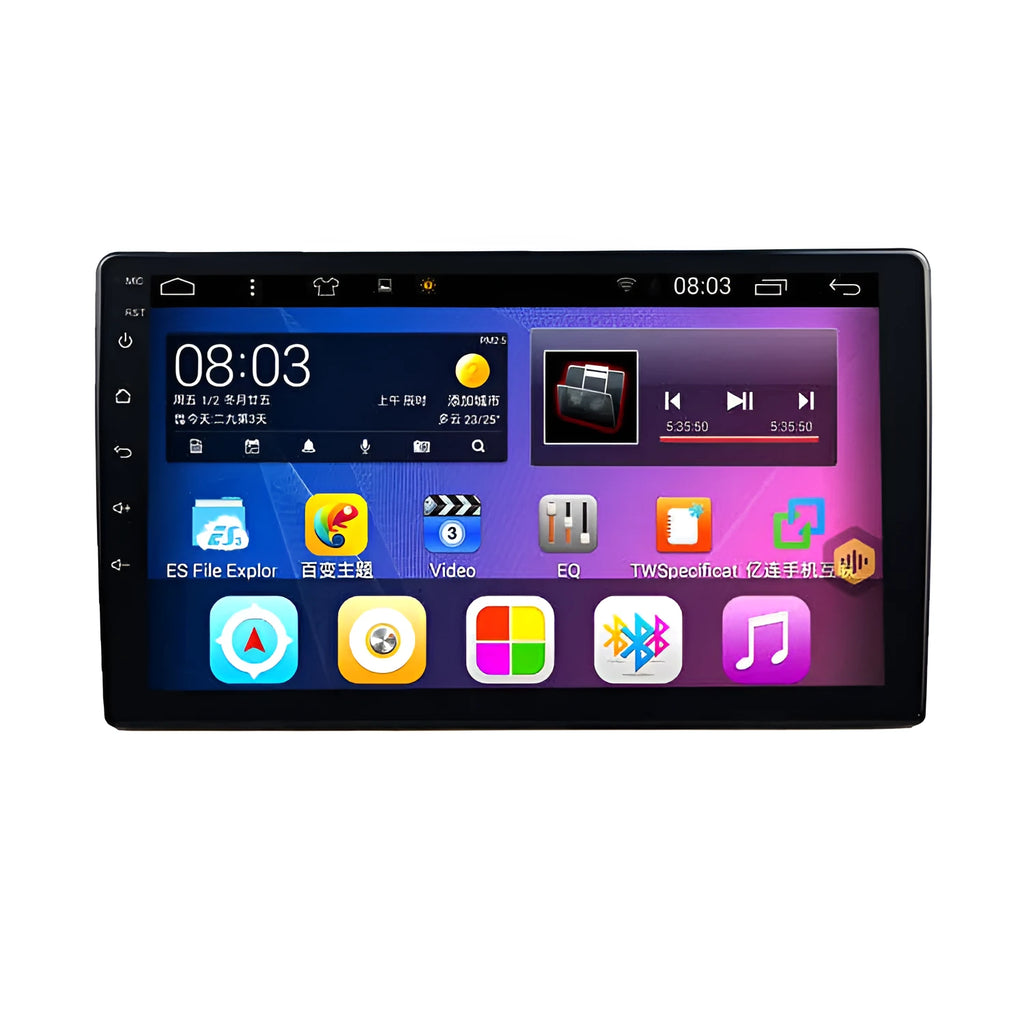 Black Android car navigator with rotating screen for GM vehicles showing 10-inch display