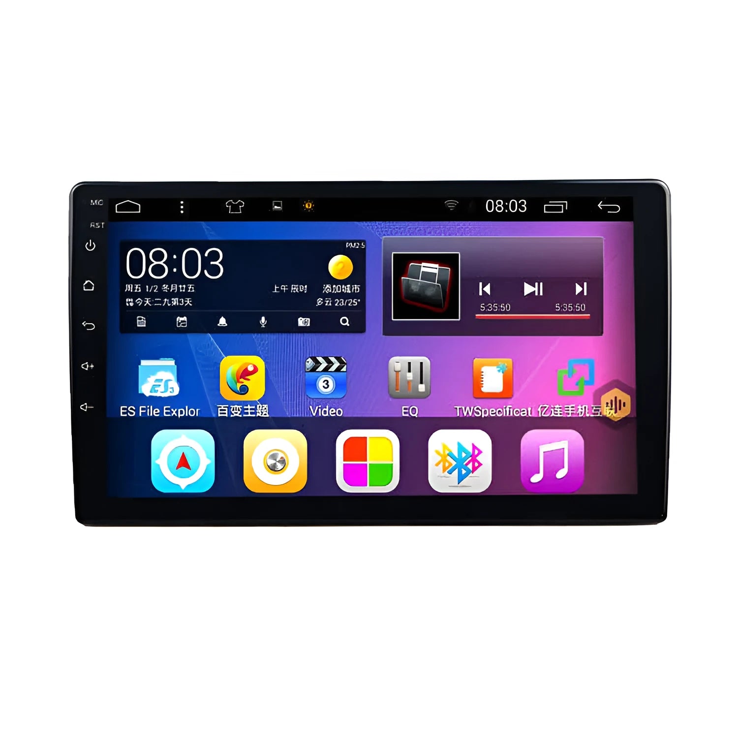 Black Android car navigator with rotating screen for GM vehicles showing 10-inch display