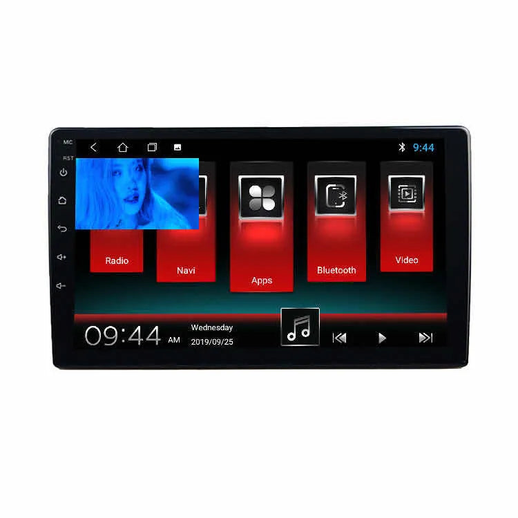Black Android car navigator with rotating screen for GM vehicles showing 10-inch display