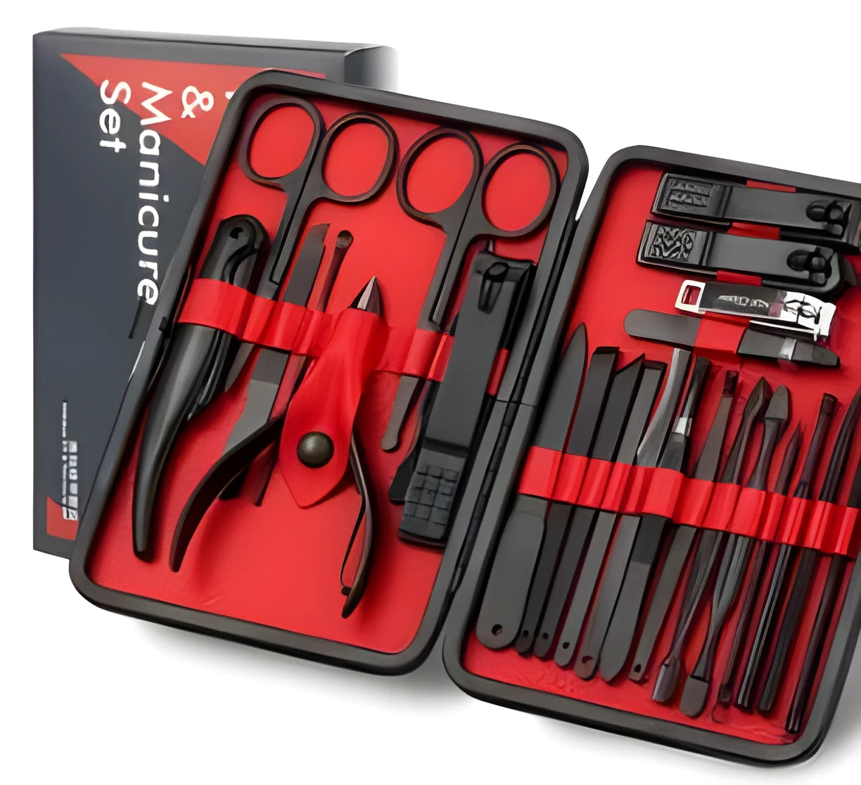 25 piece black matt manicure set with high quality steel tools in compact case