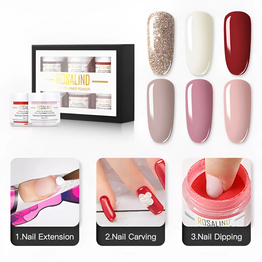 3-in-1 polymer powder nail kit with 6 colour containers, 88x32x123mm, for dipping and acrylic nail art
