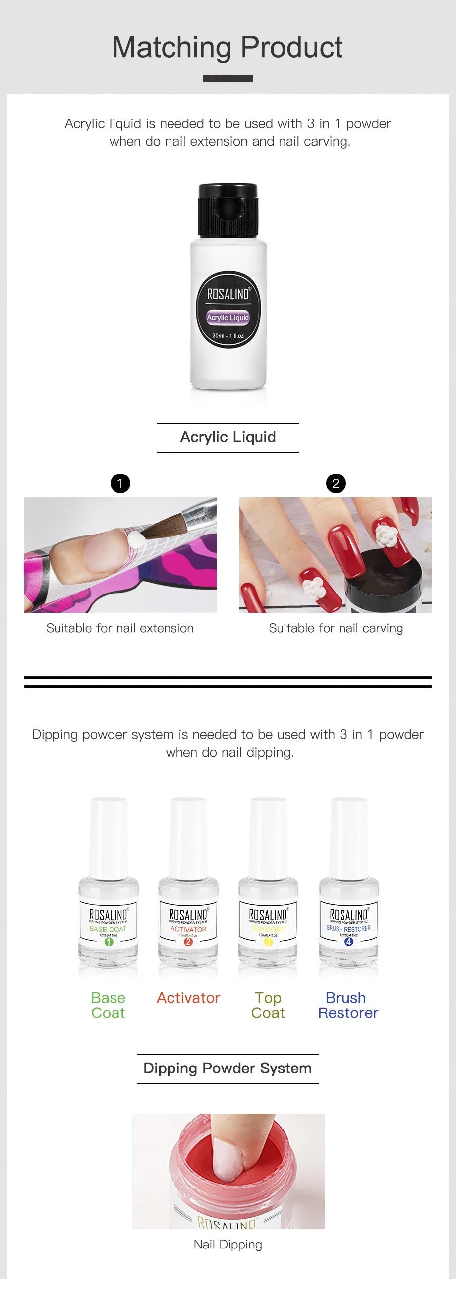 3-in-1 polymer powder nail kit with 6 colour containers, 88x32x123mm, for dipping and acrylic nail art