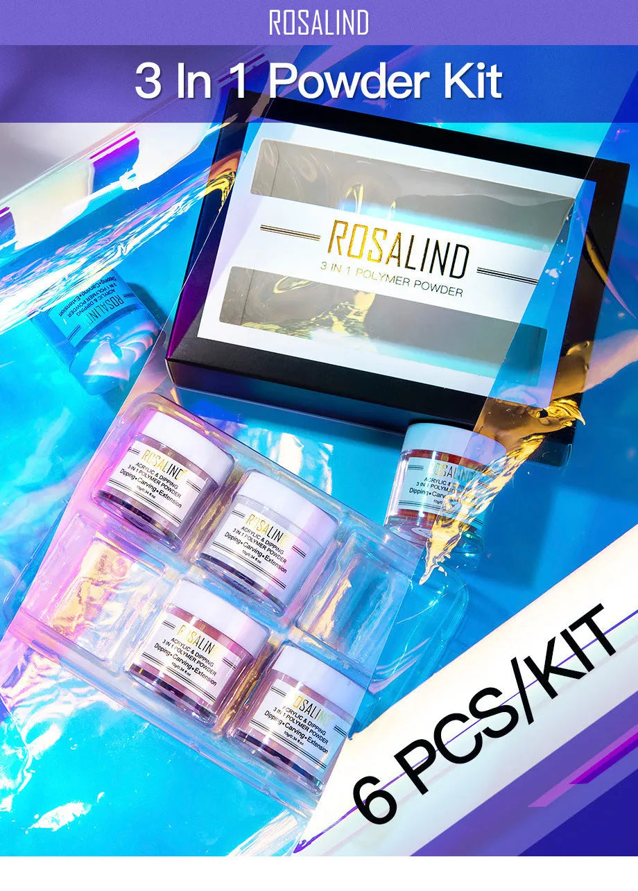 3-in-1 polymer powder nail kit with 6 colour containers, 88x32x123mm, for dipping and acrylic nail art