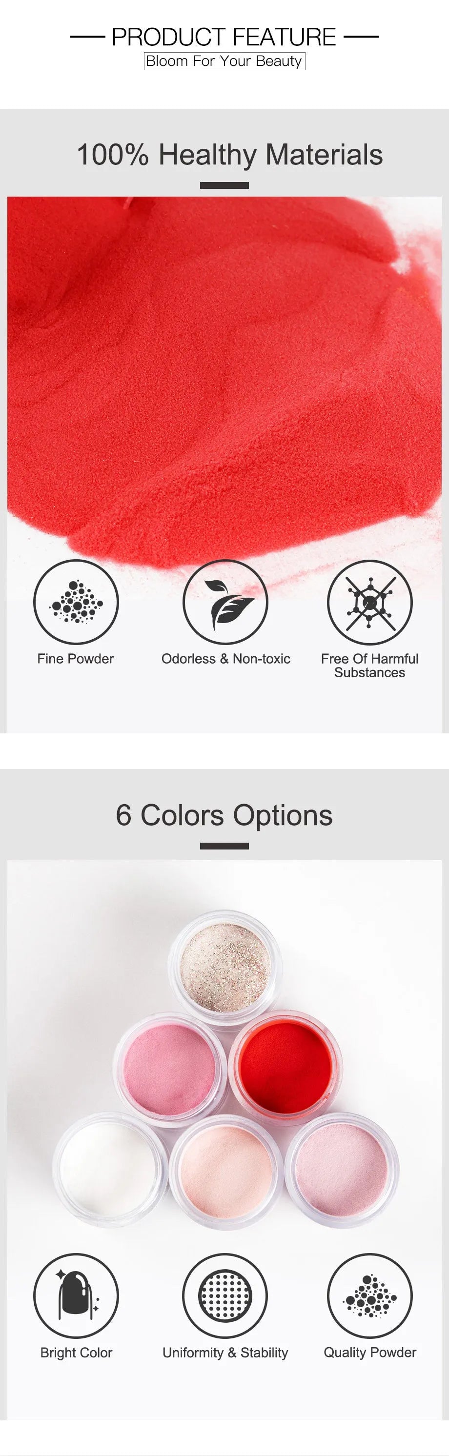 3-in-1 polymer powder nail kit with 6 colour containers, 88x32x123mm, for dipping and acrylic nail art