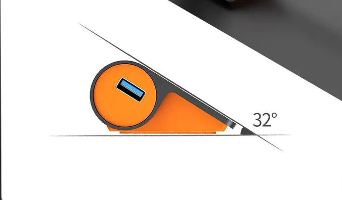 Dark grey aluminium USB-C hub with four USB 3.1 ports and orange accents beside detached 100cm cable