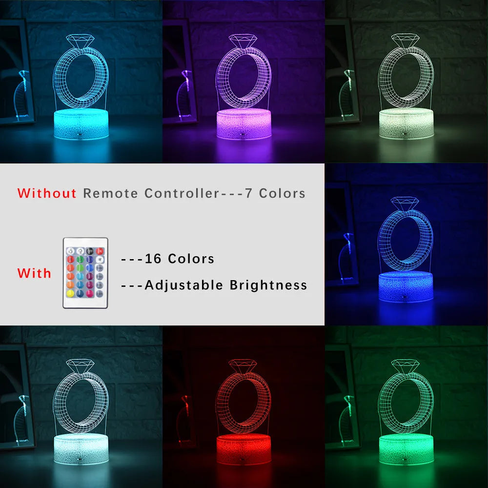 3D diamond ring LED night light with colour-changing modes on black background