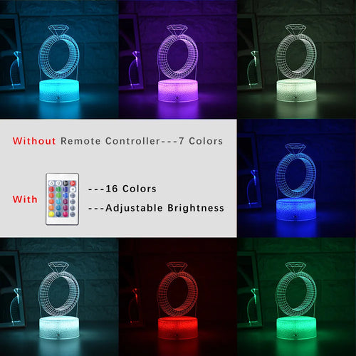 3D diamond ring LED night light with colour-changing modes on black background