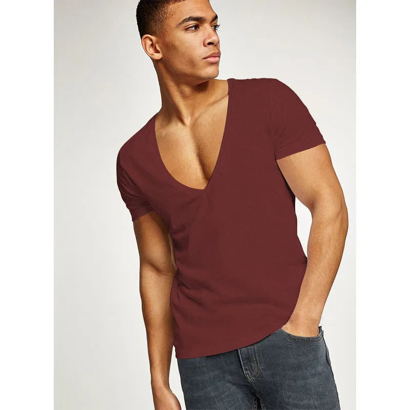 Men's deep V neck short sleeve cotton T-shirt in black, front view
