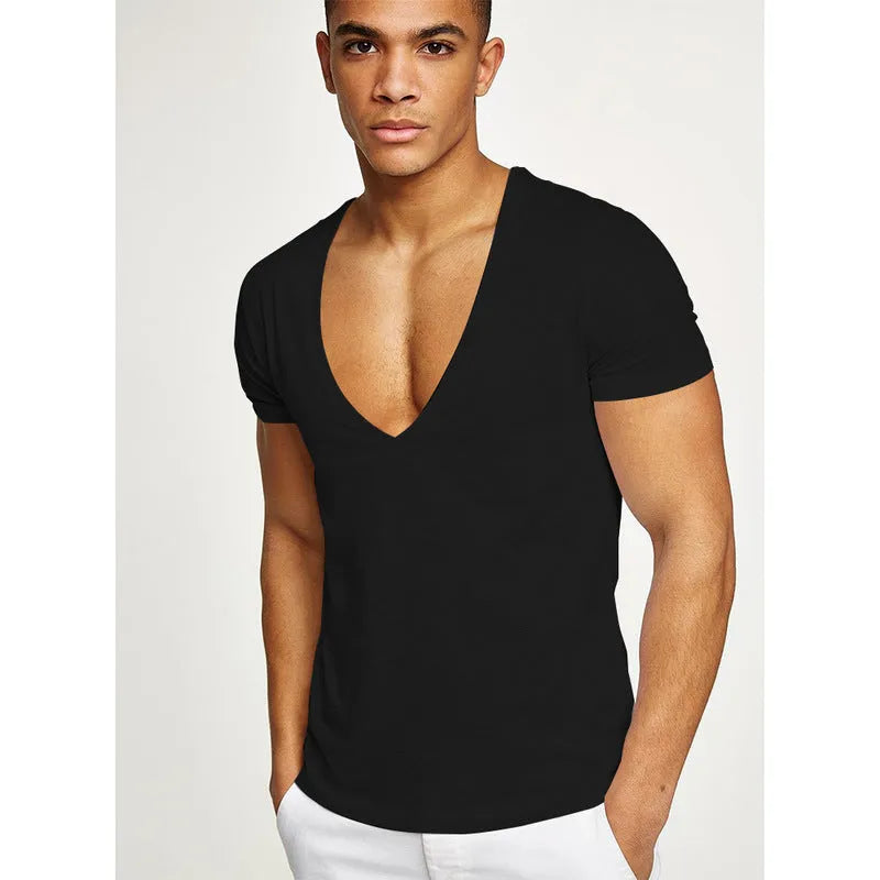 Men's deep V neck short sleeve cotton T-shirt in black, front view