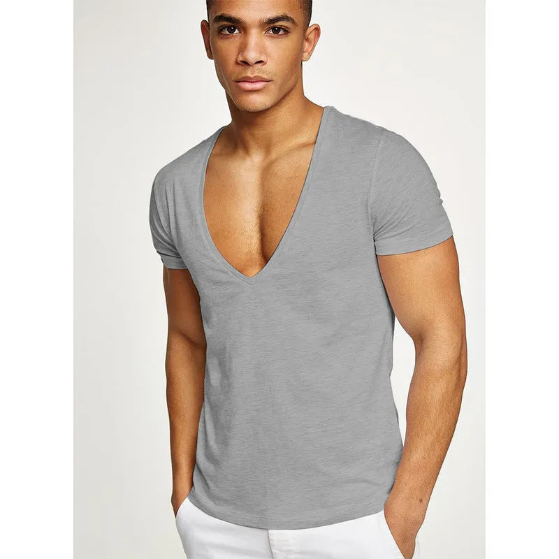 Men's deep V neck short sleeve cotton T-shirt in black, front view
