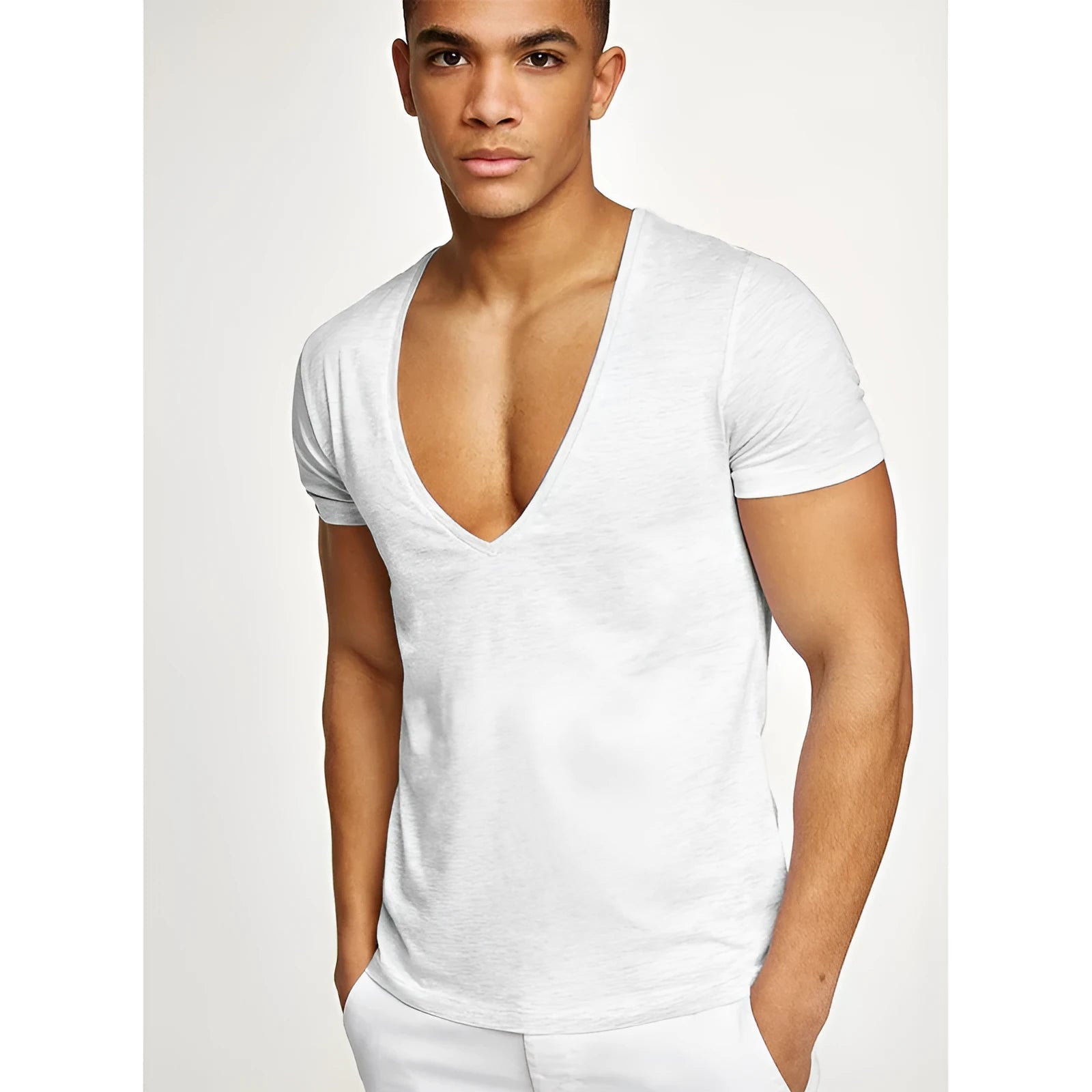 Men's deep V neck short sleeve cotton T-shirt in black, front view